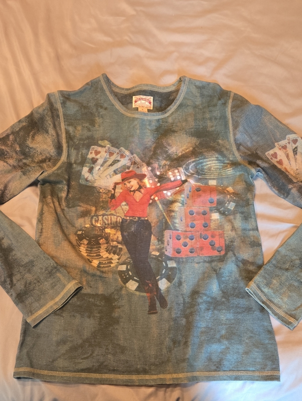 Bit & Bridle Blue Graphic Long Sleeve Top with Casino Motif